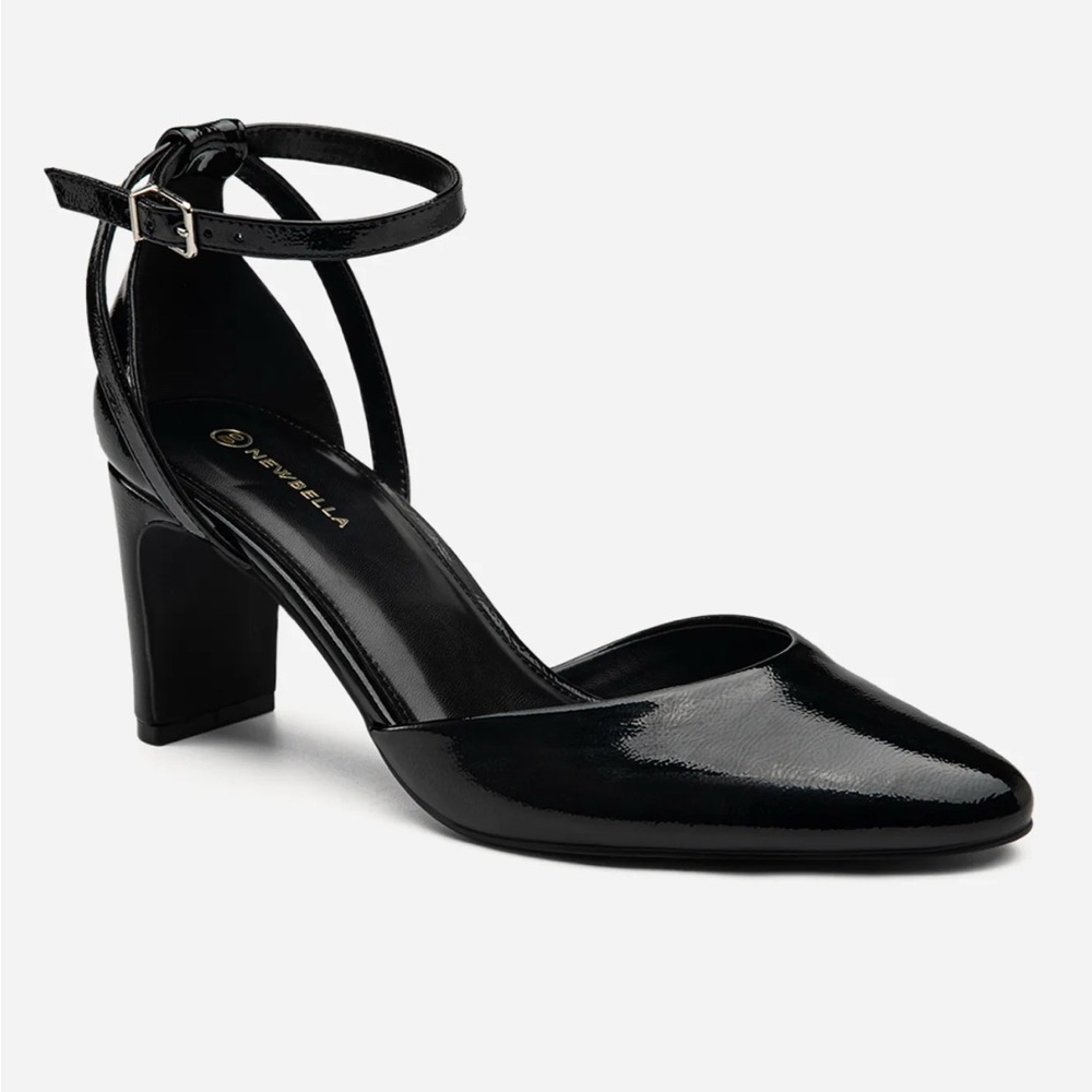 Newbella Black Patent D'Orsay Ankle Strap Pointed Toe Block Heel Pumps Womens‎